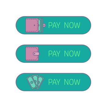 The process of payment. Rent, salary costs. Wages and income. The receipt of money. Icon purse, pocketbook, wallet with money. The conclusion of the contract. The pay button. Vector