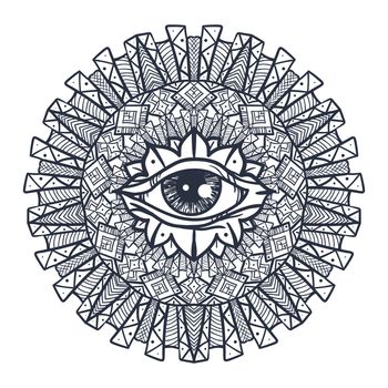 Vintage All Seeing Eye in Mandala. Providence magic symbol for print, tattoo, coloring book,fabric, t-shirt, cloth in boho style. Astrology, occult and tribal, esoteric and alchemy sign. Vector