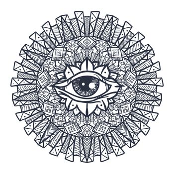 Vintage All Seeing Eye in Mandala. Providence magic symbol for print, tattoo, coloring book,fabric, t-shirt, cloth in boho style. Astrology, occult and tribal, esoteric and alchemy sign. Vector