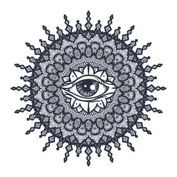 Vintage All Seeing Eye in Mandala. Providence magic symbol for print, tattoo, coloring book,fabric, t-shirt, cloth in boho style. Astrology, occult and tribal, esoteric and alchemy sign. Vector