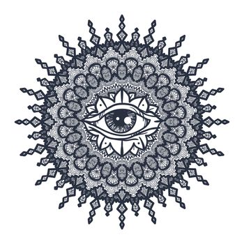 Vintage All Seeing Eye in Mandala. Providence magic symbol for print, tattoo, coloring book,fabric, t-shirt, cloth in boho style. Astrology, occult and tribal, esoteric and alchemy sign. Vector