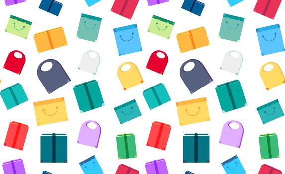 Shop Seamless Pattern from Shopping Bags, Boxes and Packages with products. Sale Banner. Shelves store with offer for print, wrap, flyer, sticker, poster. Vector