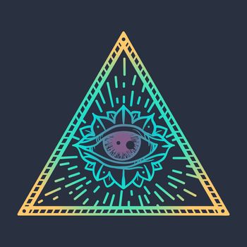 Vintage All Seeing Eye in Triangle. Providence magic symbol for print, tattoo, coloring book,fabric, t-shirt, cloth in boho style. Astrology, occult and tribal, esoteric and alchemy sign. Vector