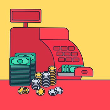 Cash register with money and coins. Commerce concept. Store symbol. Vector