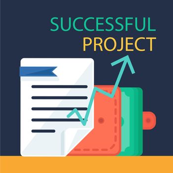 Successful investing concept. Bank holding. Financial budget banner. Money, document, purse and graph. Earnings and payments symbol. Patent illustration. Vector