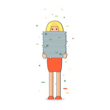 Office worker with big stack of paper. She has a lot of work. All hands' job illustration. Vector