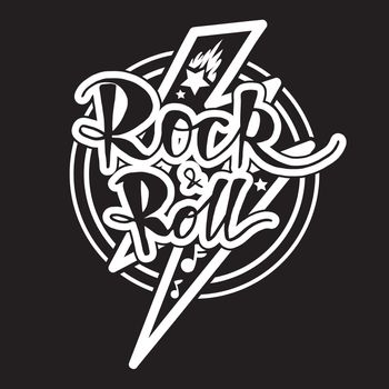 Rock and Roll Lettering for t-shirt, sticker, print, fabric, cloth. Vintage hand drawn monochrome music badge. Retro hipster sound emblem for card, concert flyer, fest, postcard, label, poster. Vector