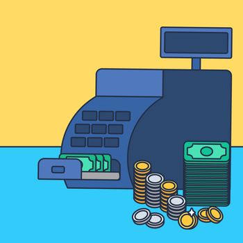 Cash register with money and coins. Commerce concept. Store symbol. Vector