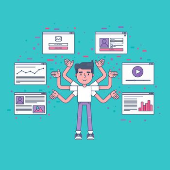 Web Life of Developer, Programmer, System Administrator or Designer from video, blog, social networks, online shopping and email. Graphic user interface and web pages forms and elements. Vector
