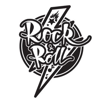 Rock and Roll Lettering for t-shirt, sticker, print, fabric, cloth. Vintage hand drawn monochrome music badge. Retro hipster sound emblem for card, concert flyer, fest, postcard, label, poster. Vector