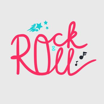 Rock and Roll Lettering for t-shirt, sticker, print, fabric, cloth. Vintage hand drawn music badge. Retro hipster musical sound emblem for card, concert flyer, fest, postcard, label, poster. Vector