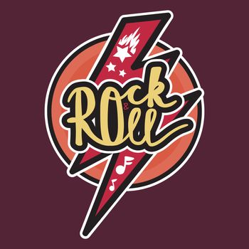 Rock and Roll Lettering for t-shirt, sticker, print, fabric, cloth. Vintage hand drawn music badge. Retro hipster musical sound emblem for card, concert flyer, fest, postcard, label, poster. Vector