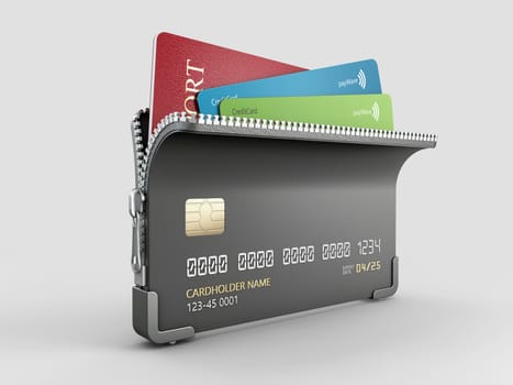 3d Rendering of Credit card with zipper and passport inside, clipping path included.