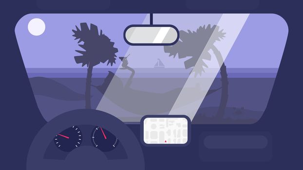 Hello Summer Concept on palm beach from inside car interior with wheel, speedometer, gps navigator. Vacation travel tropical poster with sun exotic island. Vector