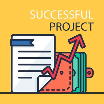 Successful investing concept. Bank holding. Financial budget banner. Money, document, purse and graph. Earnings and payments symbol. Patent illustration. Vector