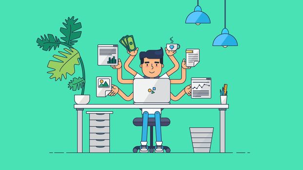 Workspace of Professional Working Developer, Programmer, System Administrator or Designer with desk, chair, notebook Business project or startup concept. Employee office workplace. Vector