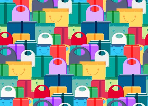 Shop Seamless Pattern from Shopping Bags, Boxes and Packages with products. Sale Banner. Shelves store with offer for print, wrap, flyer, sticker, poster. Vector