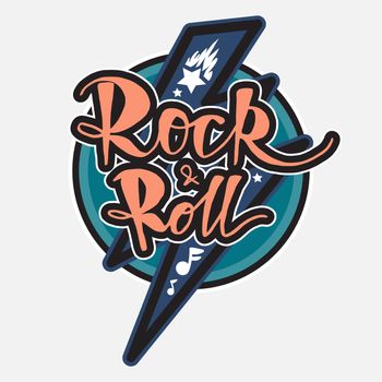 Rock and Roll Lettering for t-shirt, sticker, print, fabric, cloth. Vintage hand drawn music badge. Retro hipster musical sound emblem for card, concert flyer, fest, postcard, label, poster. Vector
