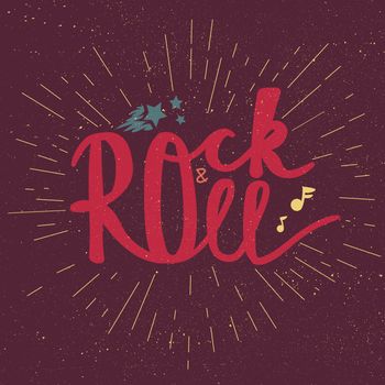 Rock and Roll Lettering for t-shirt, sticker, print, fabric, cloth. Vintage hand drawn music badge. Retro hipster musical sound emblem for card, concert flyer, fest, postcard, label, poster. Vector