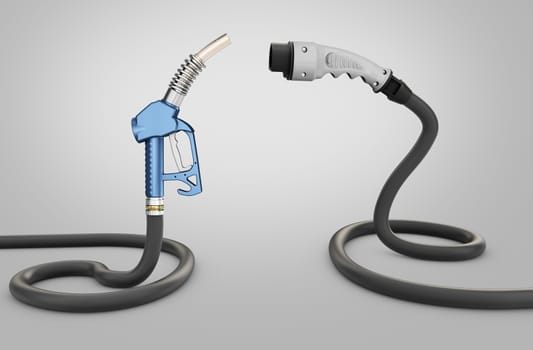 3d rendering of Fuel petrol gun vs Charging Cable, clipping path include.