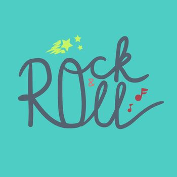 Rock and Roll Lettering for t-shirt, sticker, print, fabric, cloth. Vintage hand drawn music badge. Retro hipster musical sound emblem for card, concert flyer, fest, postcard, label, poster. Vector