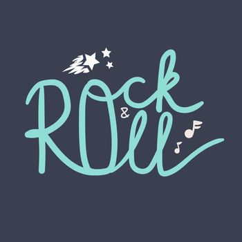Rock and Roll Lettering for t-shirt, sticker, print, fabric, cloth. Vintage hand drawn music badge. Retro hipster musical sound emblem for card, concert flyer, fest, postcard, label, poster. Vector