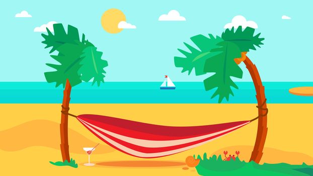 Hello Summer Concept with hammock and cocktail on palm beach. Vacation and travel tropical poster with sun and exotic island. Vector