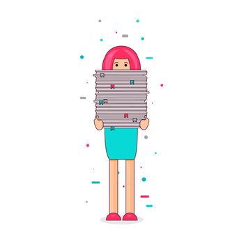 Office worker with big stack of paper. She has a lot of work. All hands' job illustration. Vector