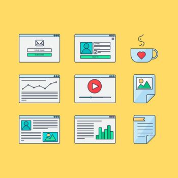 Web Template for site forms of email subscribe, login to account, watching video, online shopping, blog and infographics. Vector