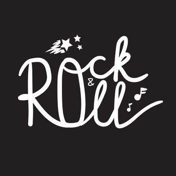 Rock and Roll Lettering for t-shirt, sticker, print, fabric, cloth. Vintage hand drawn monochrome music badge. Retro hipster sound emblem for card, concert flyer, fest, postcard, label, poster. Vector