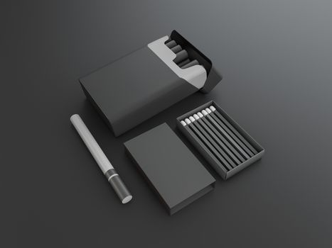 3d Rendering of cigarettes and matches on black background