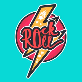 Rock and Roll Lettering for t-shirt, sticker, print, fabric, cloth. Vintage hand drawn music badge. Retro hipster musical sound emblem for card, concert flyer, fest, postcard, label, poster. Vector