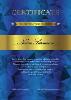 Vertical blue and gold certificate and diploma template with vintage, floral, filigree and cute pattern for winner for achievement. Blank of award coupon. Vector