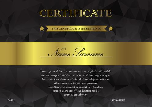 Horizontal black dark and gold certificate and diploma template with vintage, floral, filigree and cute pattern for winner for achievement. Blank of award coupon. Vector