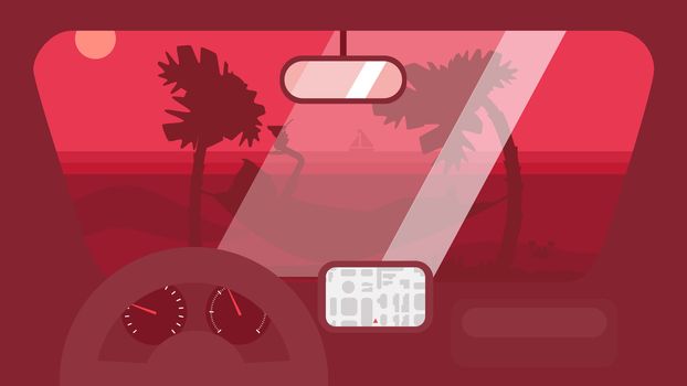 Hello Summer Concept on palm beach from inside car interior with wheel, speedometer, gps navigator. Vacation travel tropical poster with sun exotic island. Vector