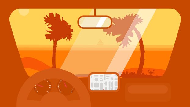 Hello Summer Concept on palm beach from inside car interior with wheel, speedometer, gps navigator. Vacation travel tropical poster with sun exotic island. Vector