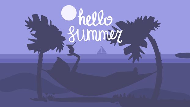 Hello Summer Concept with tourist drinking cocktail in hammock on palm beach. Vacation and travel tropical poster with sun and exotic island. Sunset. Vector