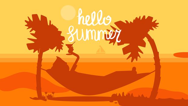 Hello Summer Concept with tourist drinking cocktail in hammock on palm beach. Vacation and travel tropical poster with sun and exotic island. Sunset. Vector