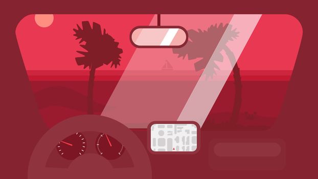 Hello Summer Concept on palm beach from inside car interior with wheel, speedometer, gps navigator. Vacation travel tropical poster with sun exotic island. Vector