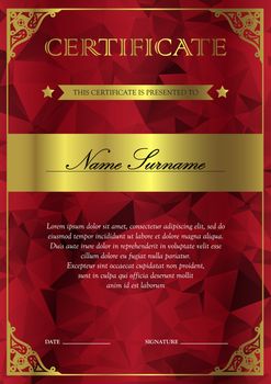 Vertical red and gold certificate and diploma template with vintage, floral, filigree and cute pattern for winner for achievement. Blank of award coupon. Vector