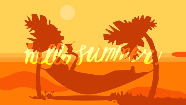 Hello Summer Lettering by brush. Typographic vacation and travel watercolor tropical poster with sunset bright background and palm exotic island. Sunset. Vector