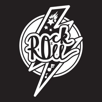 Rock and Roll Lettering for t-shirt, sticker, print, fabric, cloth. Vintage hand drawn monochrome music badge. Retro hipster sound emblem for card, concert flyer, fest, postcard, label, poster. Vector