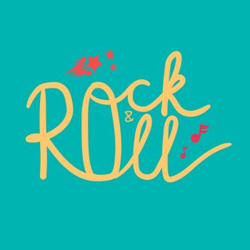 Rock and Roll Lettering for t-shirt, sticker, print, fabric, cloth. Vintage hand drawn music badge. Retro hipster musical sound emblem for card, concert flyer, fest, postcard, label, poster. Vector