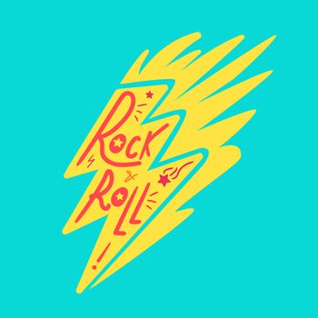 Rock and Roll Lettering for t-shirt, sticker, print, fabric, cloth. Vintage hand drawn music badge. Retro hipster musical sound emblem for card, concert flyer, fest, postcard, label, poster. Vector