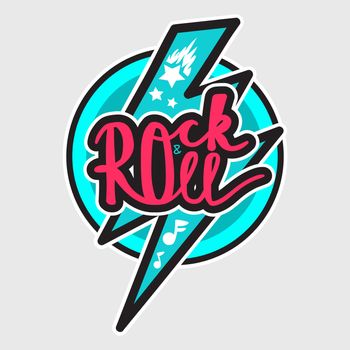Rock and Roll Lettering for t-shirt, sticker, print, fabric, cloth. Vintage hand drawn music badge. Retro hipster musical sound emblem for card, concert flyer, fest, postcard, label, poster. Vector