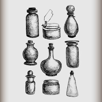 Hand drawn isolated vintage glass jars and bottles set. Containers for jams, food, attar, otto, essential oil, oils, liquid, perfume. Vector