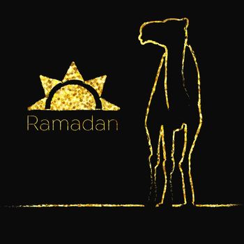 Ramadan greeting with camel, Islamic greeting card for Ramadan Kareem with gold glitters Vector