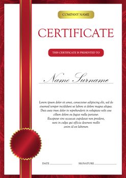 Vertical red certificate and diploma template with vintage, floral, filigree and cute pattern for winner for achievement. Blank of award coupon. Vector