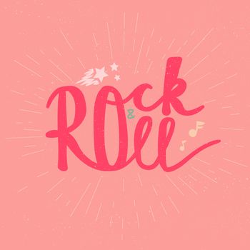 Rock and Roll Lettering for t-shirt, sticker, print, fabric, cloth. Vintage hand drawn music badge. Retro hipster musical sound emblem for card, concert flyer, fest, postcard, label, poster. Vector