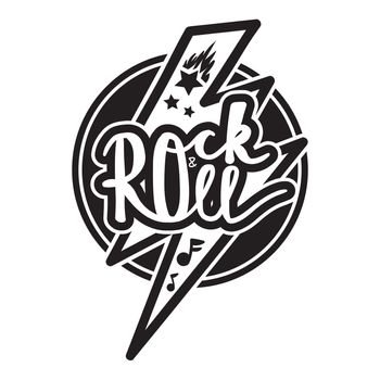 Rock and Roll Lettering for t-shirt, sticker, print, fabric, cloth. Vintage hand drawn monochrome music badge. Retro hipster sound emblem for card, concert flyer, fest, postcard, label, poster. Vector
